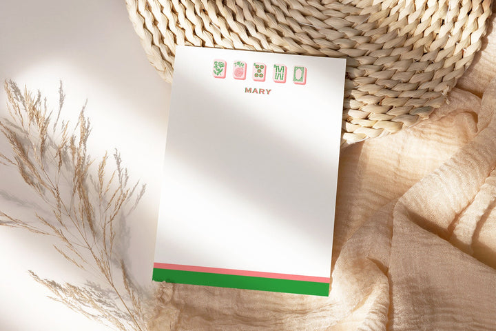 Mahjong Customizable Name 5x7 Notepad - Pink/Green